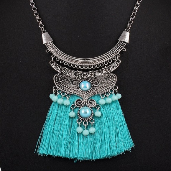 NS11 | Boho Turquoise Tassel Statem Necklace - Picture 2 of 3